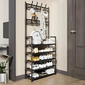 Sapateira Organizadora Preta com 5 Prateleiras e Cabideiro – 2 em 1 - Multiuso - Compacta e Resistente