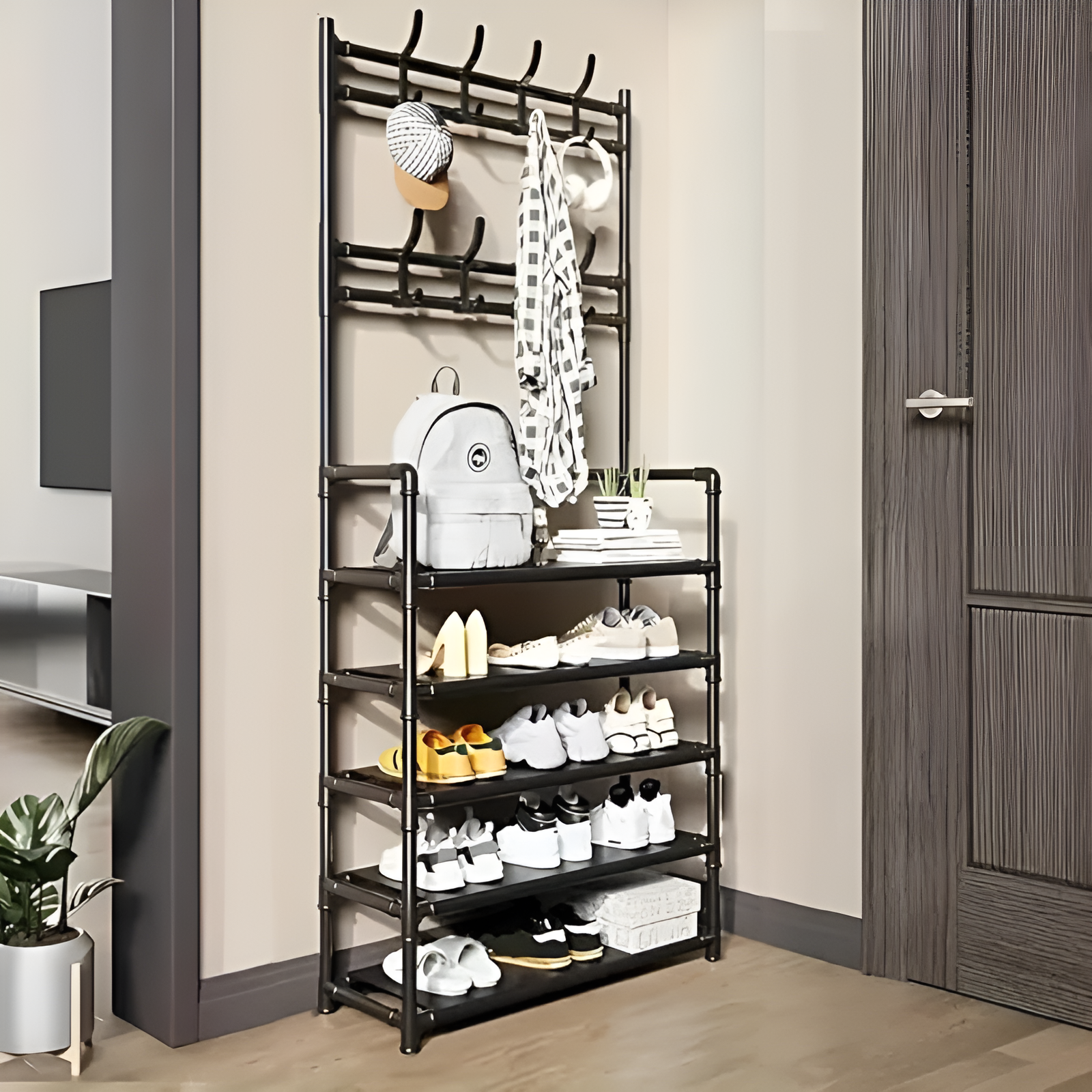 Sapateira Organizadora Preta com 5 Prateleiras e Cabideiro – 2 em 1 - Multiuso - Compacta e Resistente